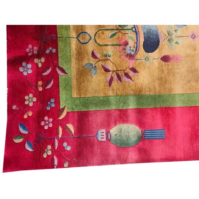 1920s 1920s Yellow Gold Floral Antique Chinese Art Deco Carpet 9' X 11'8" Knotted Wool Rug For Sale - Image 5 of 11