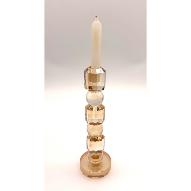 Vintage Geometric Gold Tone Glass Pillar Candle Stick Holder For Sale - Image 10 of 11