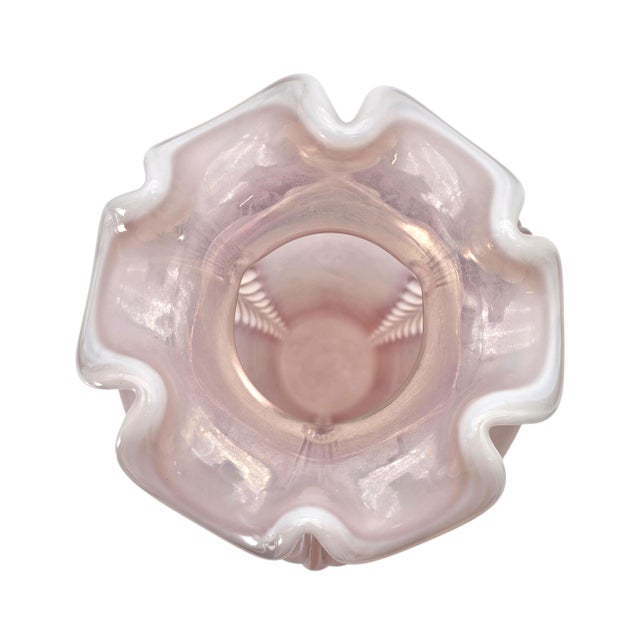 Fenton Pink Opalescent Carnival Glass Feather Pattern Ruffled Vase, Mid-Century For Sale - Image 10 of 16