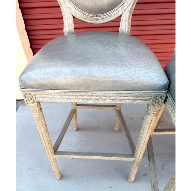 Pair of Restoration Hardware French Contemporary Round Leather Bar Stools For Sale In Palm Springs - Image 6 of 8