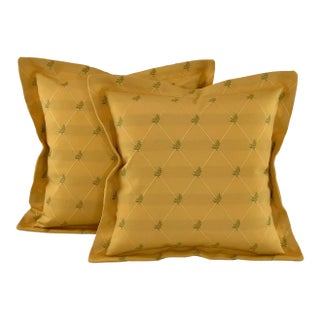 Designer Maxwell Fabrics Gold & Green Embroidered Fern Diamond Diagonal Pillow Covers- a Pair For Sale