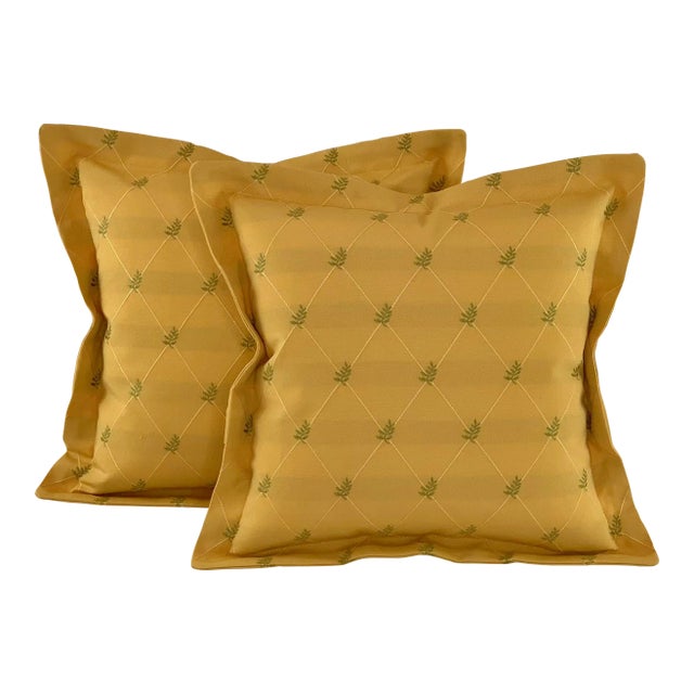 Designer Maxwell Fabrics Gold & Green Embroidered Fern Diamond Diagonal Pillow Covers- a Pair For Sale