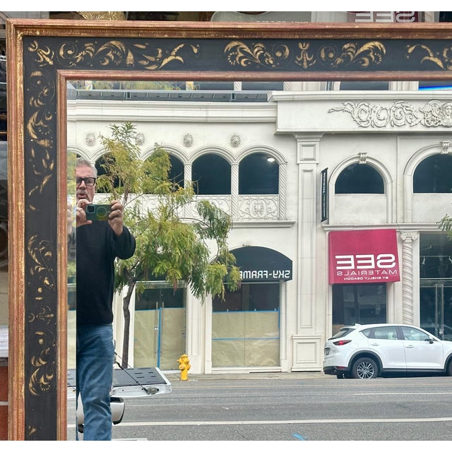 Jerry Solomon Black & Gold Chinoiserie Decorated 60” Square Over Mantel Mirror.