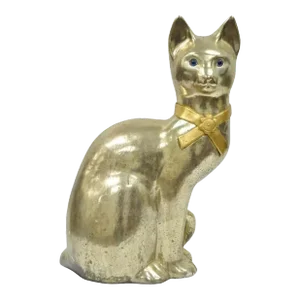 Vintage Hollywood Regency Silver & Gold Ceramic Cat Statue Figure