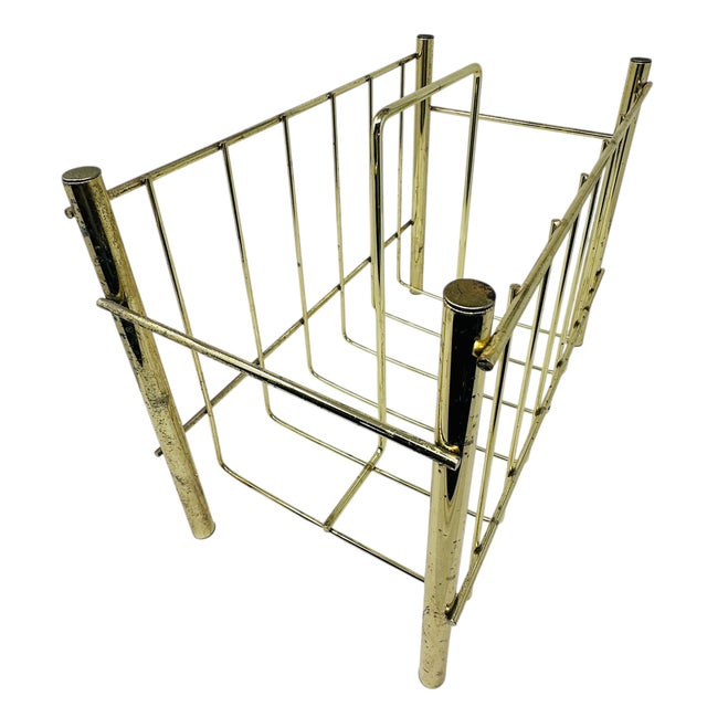 Metal Vintage 1970s Gold Tone Magazine Rack | Mid Century Modern Wire Record Storage Holder | Retro Brass Finish Floor Stand Display | Worn Patina For Sale - Image 7 of 12