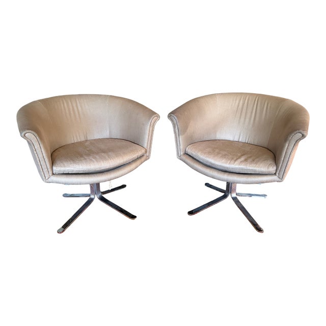 Mid-Century Modern Champagne Swivel Barrel Lounge Chairs - A Pair For Sale
