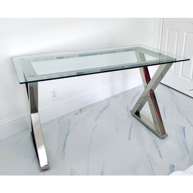 Modern Glass Desk Table With Silver Polish Chrome Cross Base Chairish