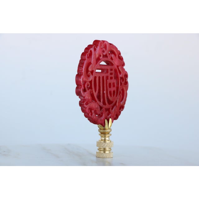 Fu Symbol Chinese Carved Stone Lamp Finials on Brass Hardware - A Matching Pair For Sale - Image 9 of 9