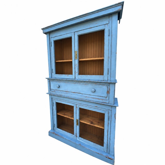 Antique 19th Century European Pine Step-Back Cabinet With Original Hand Painted Blue Finish For Sale - Image 4 of 9