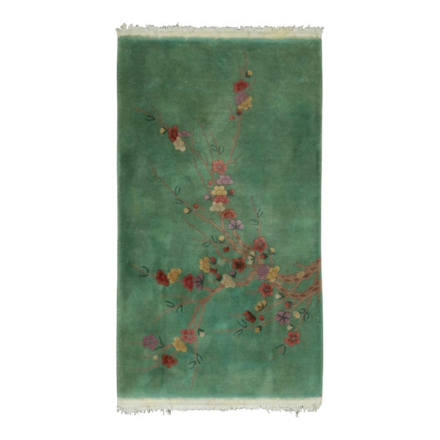 Antique Chinese Art Deco Rug in Green With Florals - Rug & Kilim For Sale