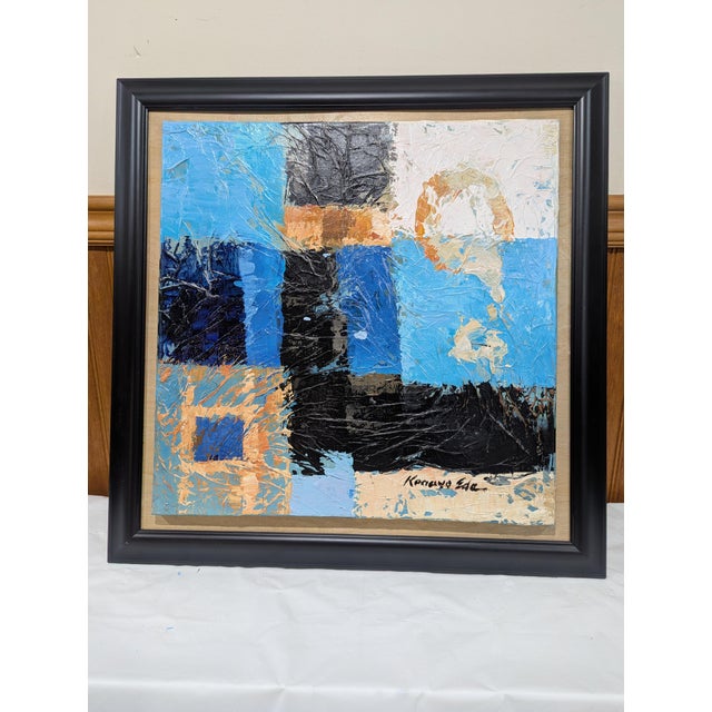 Abstract Square Framed Blue Abstract Art on Canvas For Sale - Image 3 of 4