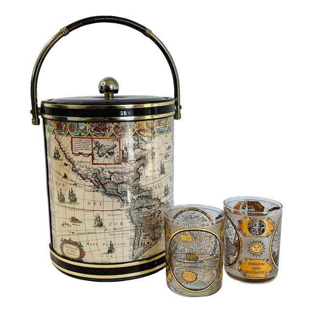 1970s World Map Ice Bucket & Culver World Map Tumblers- 3 Pieces For Sale
