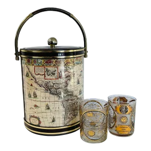 1970s World Map Ice Bucket & Culver World Map Tumblers- 3 Pieces