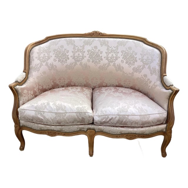 French Settee W/ Pink Silk Upholstery For Sale
