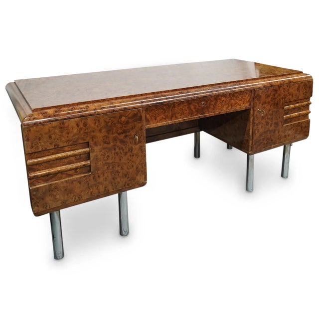 Art Deco 1930s Large Art Deco Desk Amboyna Writing Desk Chrome Legs For Sale - Image 3 of 15