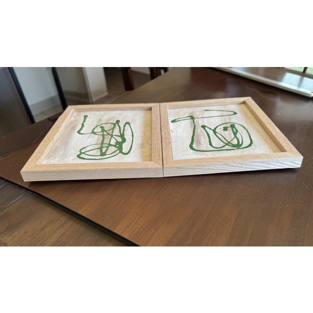 Organic Modern Textured Green Abstract Paintings in Natural Wood Frames – 8” X 10” - Unsigned Unknown Artist For Sale In Houston - Image 6 of 11