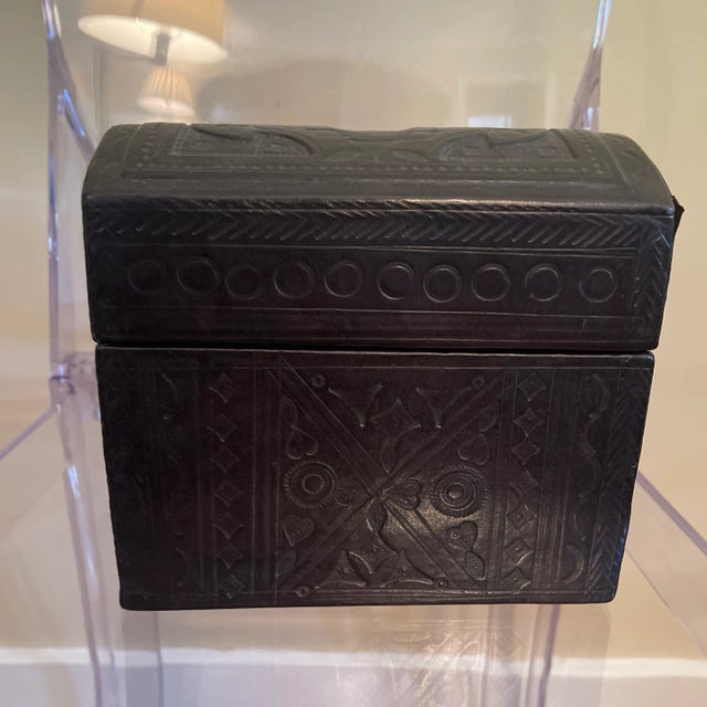 Tooled Leather Bound Dome Top Box. Intricate designs, hinged opening to reveal a leather interior. Great desk stationery...