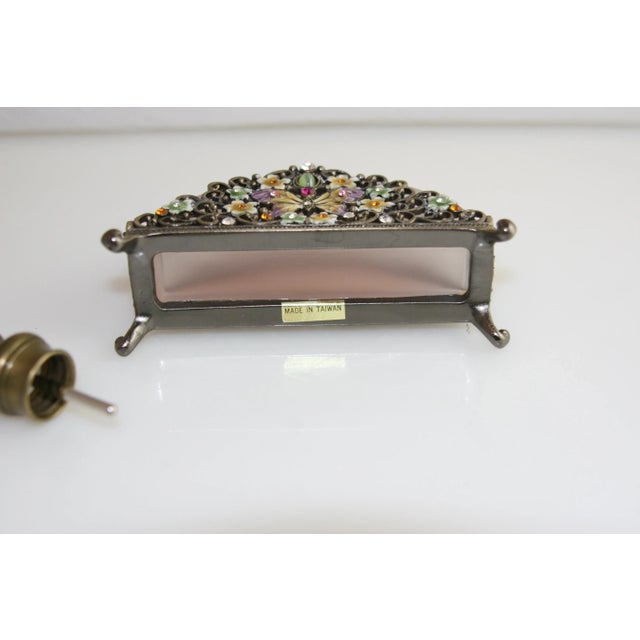 Vintage 1960s Brass Filigree Lavender Glass Jewel & Enamel Footed Perfume Bottle For Sale - Image 10 of 10