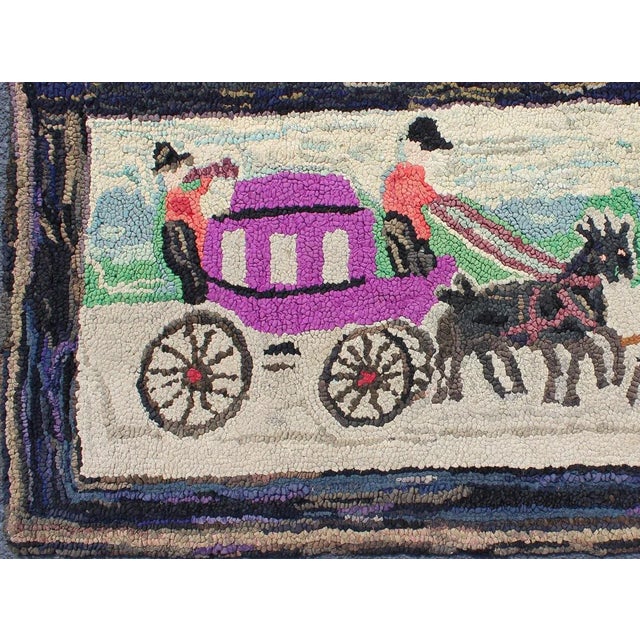 Cream Pictorial Antique American Hooked Rug Horse & Buggy in Multi Colors For Sale - Image 8 of 9