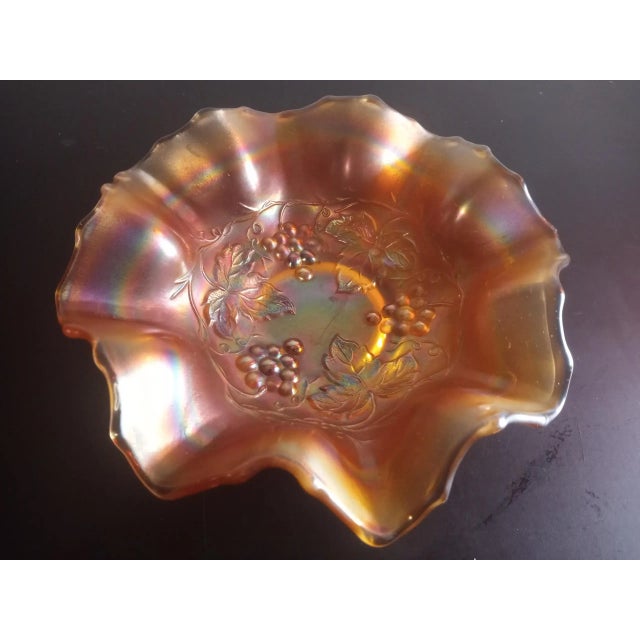 Contemporary Marigold Ruffled Edge Grape Leaf Pattern Iridescent Carnival Glass Bowl For Sale - Image 3 of 6