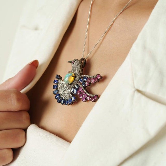 Not Yet Made - Made To Order Vintage-Inspired Opal Ruby Sapphire and Diamond Bird Brooch Cum Pendant For Sale - Image 5 of 12
