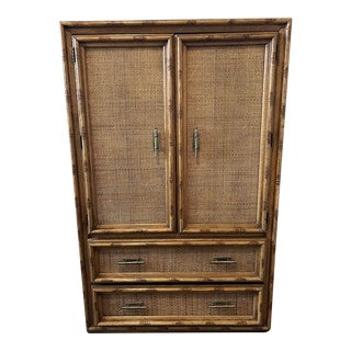1970s Faux Bamboo and Cane Armoire Cabinet For Sale