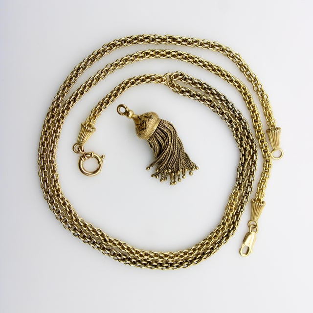 19th Century 19th Century 14k Gold Victorian Fancy Link Long Chain With Drop and Enameled Tassel For Sale - Image 5 of 9