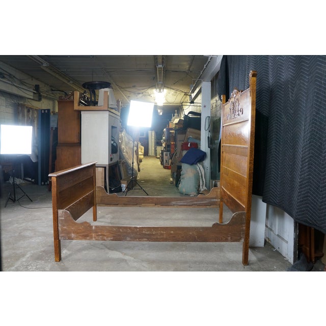 Antique 19th C. American Victorian Carved Golden Oak Paneled High Back Bed Frame For Sale - Image 14 of 18