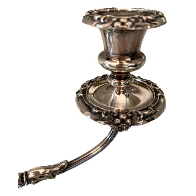 Metal Pair of Silver Candelabras With Floral Detailing, France, Mid-20th Century. For Sale - Image 7 of 11