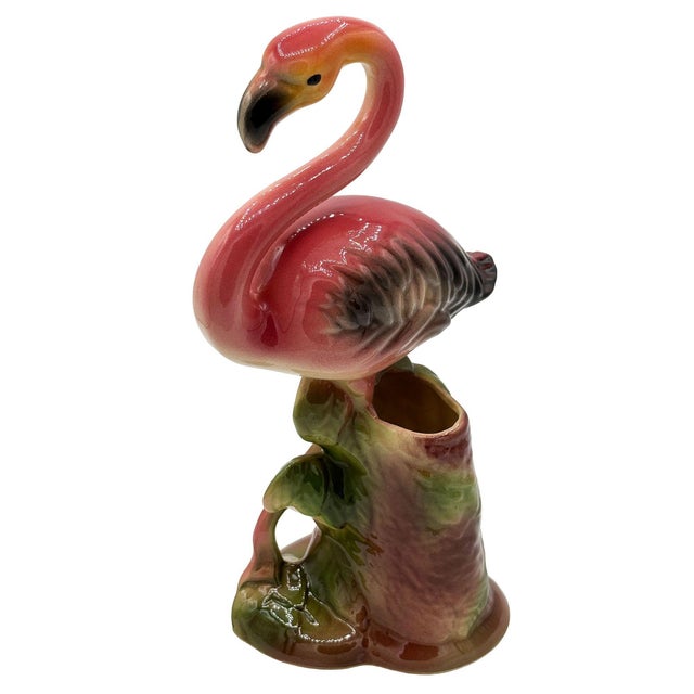 1950s 1950s Large 10" MCM Ceramic Hand Painted Flamingo Flower Table Planter, California For Sale - Image 5 of 11