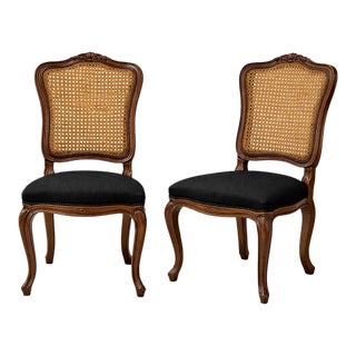Mid 20th Century Refinished French Provincial Cane-Back Dining Chairs in Old Chapel Walnut With Black Upholstery – Pair For Sale
