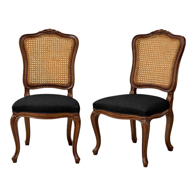 Mid 20th Century Refinished French Provincial Cane-Back Dining Chairs in Old Chapel Walnut With Black Upholstery – Pair For Sale