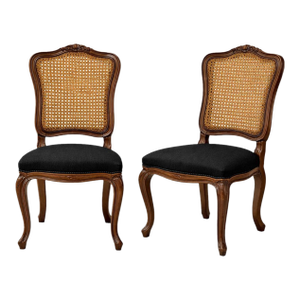 Mid 20th Century Refinished French Provincial Cane-Back Dining Chairs in Old Chapel Walnut With Black Upholstery – Pair