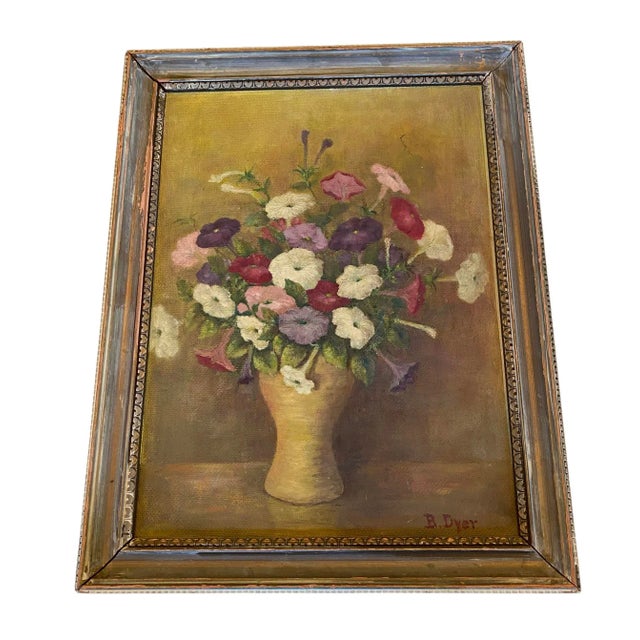 Early 20th Century “Petunias Floral Still Life” Oil Painting on Board Artist B Dyer For Sale - Image 12 of 13