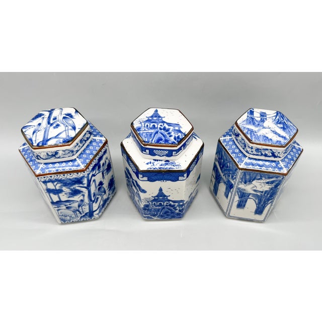 Chinoiserie Set of Three Vintage Blue & White Porcelain Tea Caddies | Lidded Chinoiserie Canisters - Chinoiserie, Traditional, Grandmillennial For Sale - Image 3 of 18