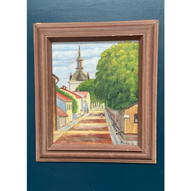 Kerstin Grufman, City Street with Church Tower, 1945, Oil Painting on Panel, Framed For Sale - Image 7 of 12