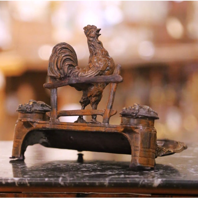 19th Century French Patinated and Gilt Spelter Rooster Inkwell Desk Set For Sale - Image 9 of 10