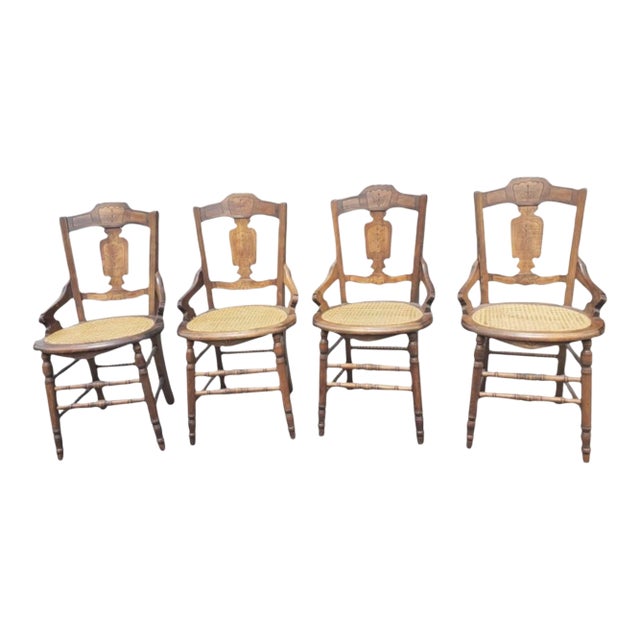 Set of Four Late Victorian Walnut Inlays and Cane Seat Dining Chairs For Sale
