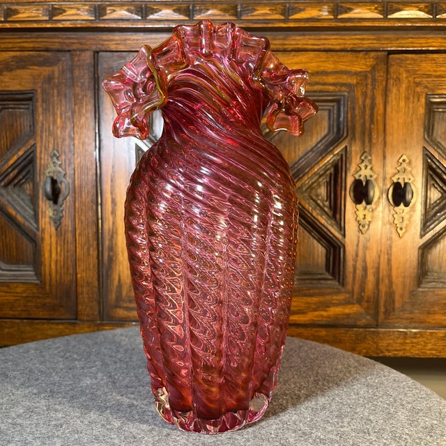 Late 20th Century Late 20th Century Fenton Cranberry Ruffled Glass Vase For Sale - Image 5 of 8