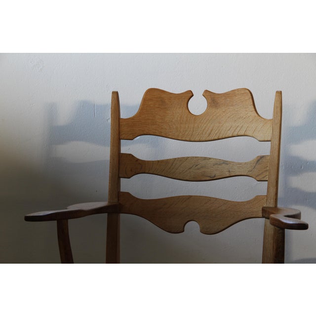 Vintage Brutalist Oak Razorblade Green Striped Armchair by H. Kjærnulf, 1960s For Sale - Image 11 of 14