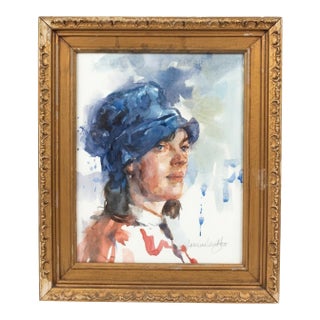 Named Artist! Lorraine Lewitzka “Blue Cloche” Original Watercolor Portrait, in Vintage Frame (15x18”) See Photos! For Sale