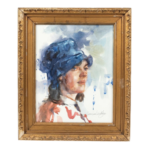 Named Artist! Lorraine Lewitzka “Blue Cloche” Original Watercolor Portrait, in Vintage Frame (15x18”) See Photos!