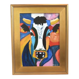 Bold Picasso Style Bull Cow Portrait Painting Including the Antiqued Gold Wood Frame For Sale