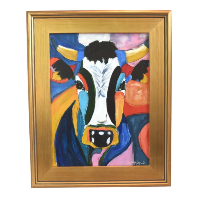 Bold Picasso Style Bull Cow Portrait Painting Including the Antiqued Gold Wood Frame For Sale