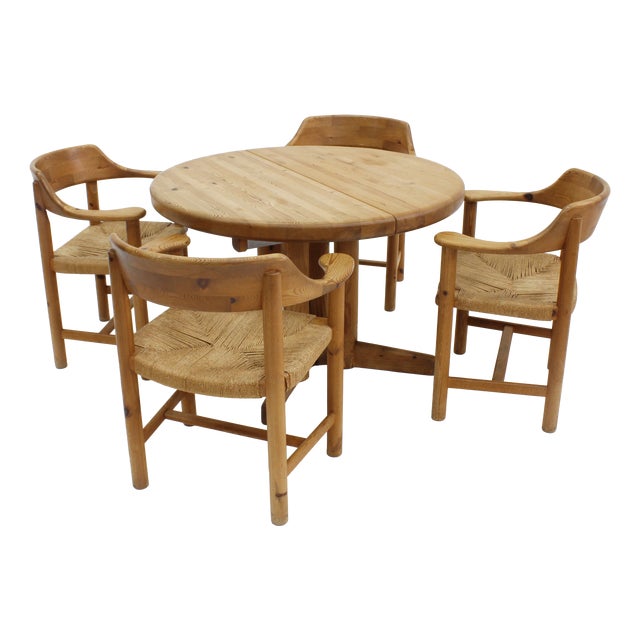 Vintage Dining Table and Dining Chairs in Pine and Papercord, 1970s, Set of 5 For Sale