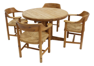 Vintage Dining Table and Dining Chairs in Pine and Papercord, 1970s, Set of 5