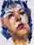This watercolor work captures a close-up portrait, where fluid brushstrokes blend vibrant blues and warm skin tones to...