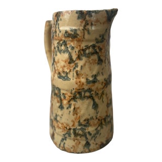 19th Century Antique Spongeware Stoneware Pitcher - Blue & Ochre Salt Glaze For Sale