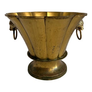 Vintage Scalloped Brass Bowl With Lion Head Rings For Sale