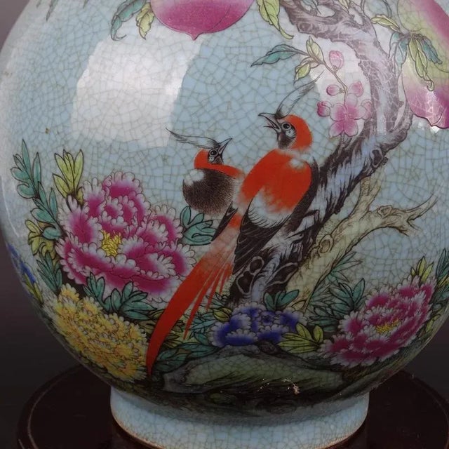 Ceramic Chinese Vintage Porcelain Vase Qing Dynasty Qianlong Marked Crackle Glaze Famille Verte Porcelain Vase Hand Painted Longevity Peach Pattern For Sale - Image 7 of 8